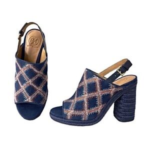 Tory Burch New Trinity 100MM Sandal Suede/Veg Leather Flame Stitch Mule Open Toe